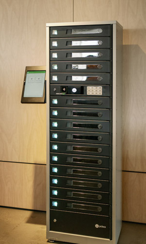 Self-service laptop lockers near the Library entrance